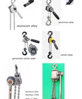Heavy Duty Mini Lever Chain Hoist For Lifting Up To 750kg Over 3 Meters Distance Portable Hand Powered Block And Tackle Gear, aluminum alloy and carbon steel materials visible.