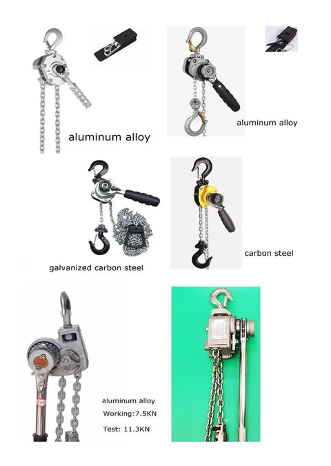 Heavy Duty Mini Lever Chain Hoist For Lifting Up To 750kg Over 3 Meters Distance Portable Hand Powered Block And Tackle Gear, aluminum alloy and carbon steel materials visible.