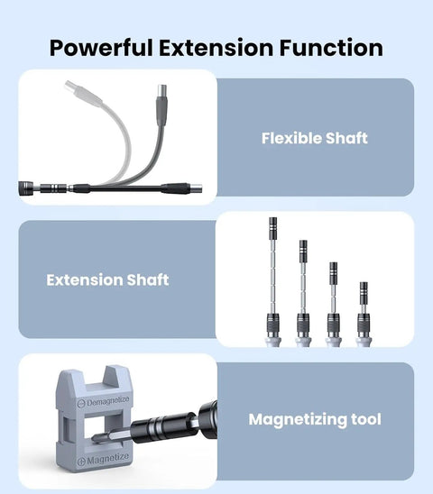 Image showing flexible shaft, extension shaft, and magnetizing tool from All In One 115 In 1 Precision Screwdriver Set With Magnetic Bits DIY Mini Repair Kit For Phone PC Watch Laptop Tablet Glasses And Other Electronics Includes 100 Bits And Various Opening Tools For Easy Fixes.