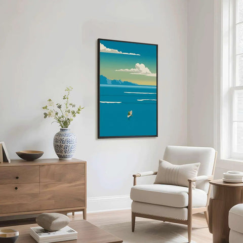 Framed Ocean Rowing Poster Canvas Print Art in living room, Modern Minimalist Wall Decor, Retro Framed 16x24 Ready to Hang.