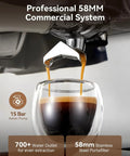 Close-up of espresso being extracted from All In One Espresso Machine With Grinder 58mm Cafe Style 2026 Upgrade Anti Static Grinder Milk Steam