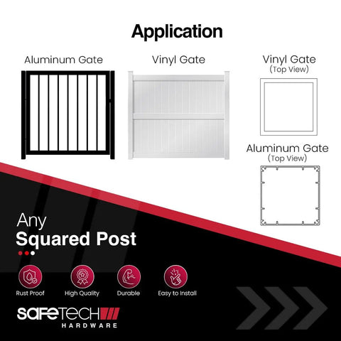 Diagram showing applications of Heavy Duty Magnetic Top Pull Pool Gate Latch 2 Pack Lockable Safety Latch for vinyl and aluminum gates.