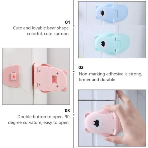 Bear Shaped Kidproof Safety Locks For Cabinets And Drawers With Double Button Release, ABS Material in pink and blue colors