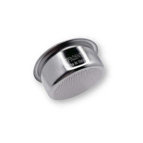 Stainless steel basket from Bottomless Portafilter Barista Grade Two Piece Kit for La Marzocco Espresso Machines With IMS Nanoquartz 22g Precision Basket B702TFH28NT, 28mm Height for 22g, Fits 58-58.5mm Tampers Made in Italy
