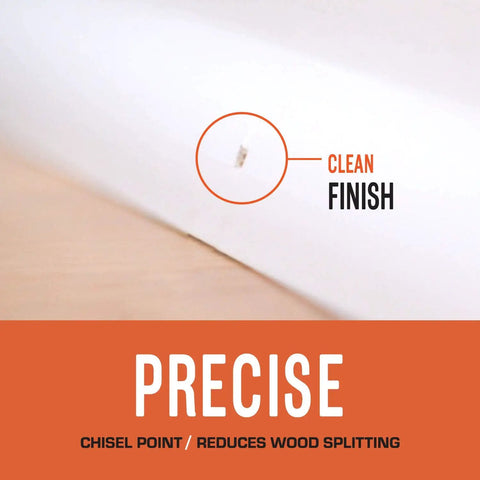 Pro Grade Finish Nails For 20 Degree Angled Nailers 16 Gauge Galvanized One And Quarter Inch 2K Per Box chisel point shown in wood