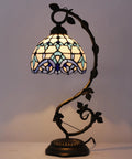 Tiffany Style White Blue Stained Glass Table Lamp With Reading Desk Light Metal Leaf Base 8x10x21 Inches Space Saving Bedside Decor