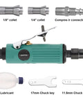 Straight Shooter Air Die Grinder Kit components: 1/4" and 1/8" collets, lubricator, and chuck keys for easy maintenance.