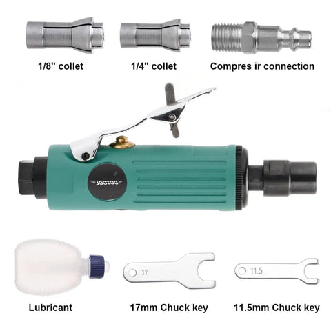 Straight Shooter Air Die Grinder Kit components: 1/4" and 1/8" collets, lubricator, and chuck keys for easy maintenance.