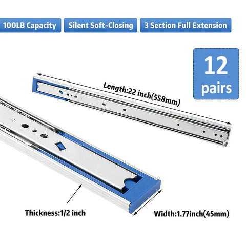12 Pairs 22 Inch Soft Close Drawer Slides For Heavy Duty Cabinets, 100 Lb Capacity, Full Extension, Ball Bearing Rails