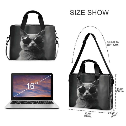 Gray Cat With Sunglasses Laptop Bag For 14 To 16 Inch Notebooks, Water Resistant 15.6 Inch Briefcase, shown with 16 inch laptop