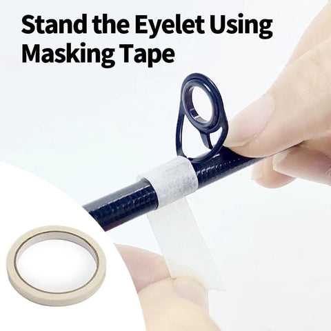 All In One Fishing Rod Repair Kit with Two Part Epoxy Resin 500D Wrapping Thread Clipper and Masking Tape used on rod eyelet.