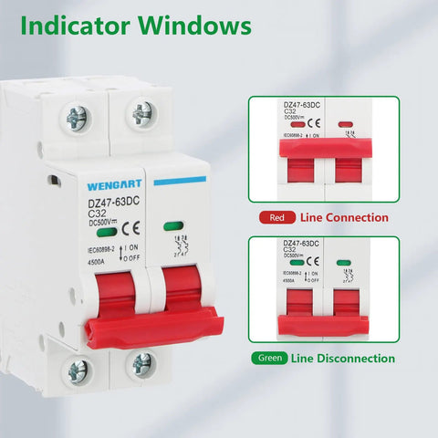 DC Miniature Circuit Breaker DZ47-63Z 500V 2 Pole 32A For Battery Banks And Solar PV Systems with red toggle switch