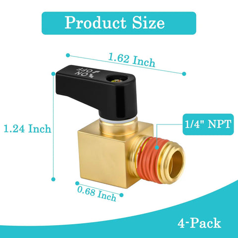 Heavy Duty Brass 4 Pack Air Compressor Drain Valve Set for 1/4 Inch NPT Ports, shown with dimensions and manual ball valve