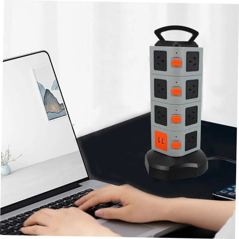 Heavy Duty Usb Power Strip With Secure Outlet Protectors Multi Port Smart Charger Fireproof Build For Phones Tablets Heavy Load Built Tough Quick Charge Hub on desk near laptop.