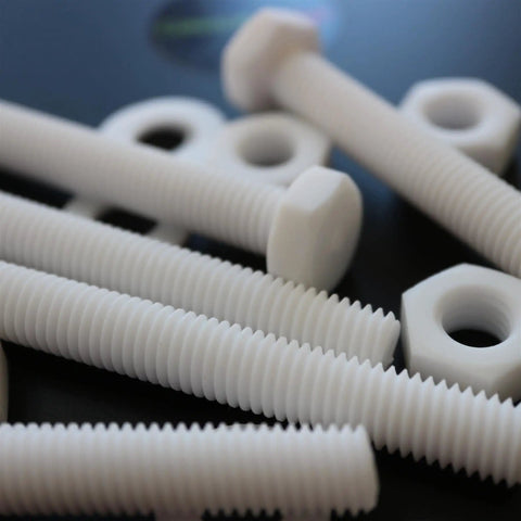 Top Shelf Natural PTFE Hex Head Bolts M10 X 100mm Screw Set with nuts and washers on a dark background.