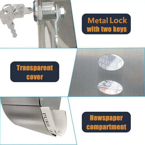 Stainless Steel Wall Mount Locking Mailbox With Key Lock, Large Capacity Outdoor Mailbox With newspaper holder details