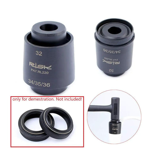 All In One Dust Seal Wiper Installation Driver Tool Kit For Suspension Fork Lower Leg Fits 32mm 34mm 35mm 36mm shown with parts