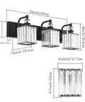 Crystal Black Vanity Light For Bathroom, 3 Light 24 Inch Modern Matte Black Over Mirror Fixture with dimensions shown