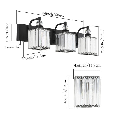 Crystal Black Vanity Light For Bathroom, 3 Light 24 Inch Modern Matte Black Over Mirror Fixture with dimensions shown