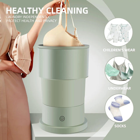 Foldable Mini Portable Washing Machine For Baby Clothes And Small Items Great For Apartment Living On The Go Camping RV Trips And Travel Dual Voltage 110V 240V Forest Green, shown with clothing examples.
