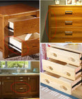 Different wooden cabinets with open drawers showing Soft Close No Slam Drawer Slides Set, 2-Section Ball Bearing Metal Drawer Runners