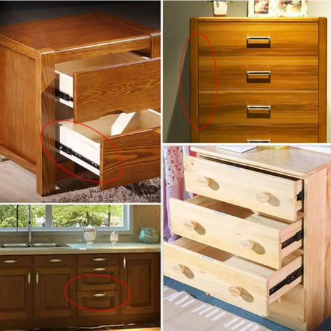 Different wooden cabinets with open drawers showing Soft Close No Slam Drawer Slides Set, 2-Section Ball Bearing Metal Drawer Runners