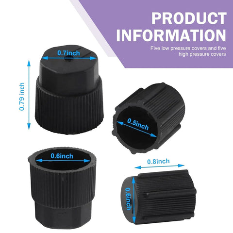 10 Pack A/C Valve Core Port Caps for Most Cars, Heavy-Duty ABS Plastic, showing dimensions and design, black high and low pressure caps