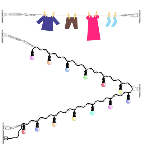 Globe String Light Suspension Kit For Outdoor Patio And Garden with stainless steel wire, clothesline setup, and colorful bulbs.
