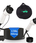 Heavy Duty 50A Ev Charger Extension Cable 17 Ft Sae J1772 Go Anywhere Extension Cord For Level One Two Charging Ip67 Rain Slush Proof Electric Vehicle Cord with two connectors and carrying bag.