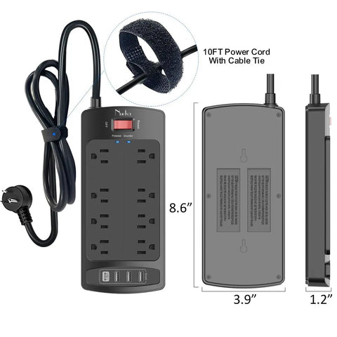 Heavy Duty 10 Foot Surge Protector Power Strip With 8 Outlets And 4 USB Ports 2700 Joules Flat Plug Overload Protection ETL Listed For Home Office Dorm College School Black, front view