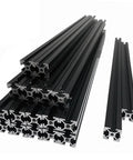 Built Tough Black Extrusion Frame Kit For 3D Printers stacked black aluminum profiles showcasing sturdy design and precise joint connections.