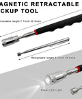 Two Pack Telescoping Magnetic Pickup Tools With Bright LED Light Extendable Magnetic Rods displayed with dimensions and features.
