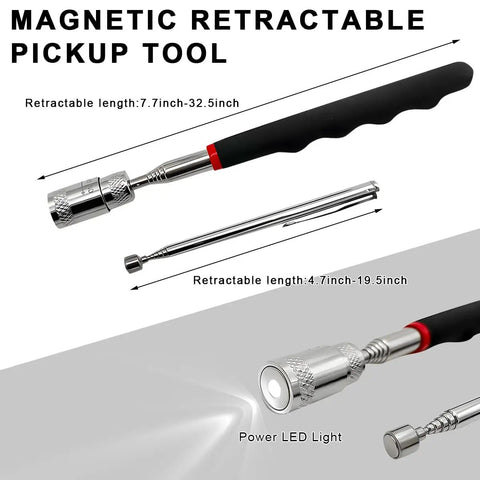 Two Pack Telescoping Magnetic Pickup Tools With Bright LED Light Extendable Magnetic Rods displayed with dimensions and features.