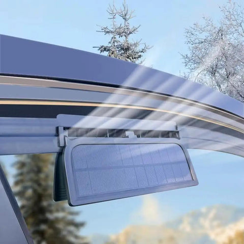 Solar Powered Car Exhaust Vent Fan For Chevrolet Silverado Ev installed on window, extracting heat efficiently with adjustable panels.