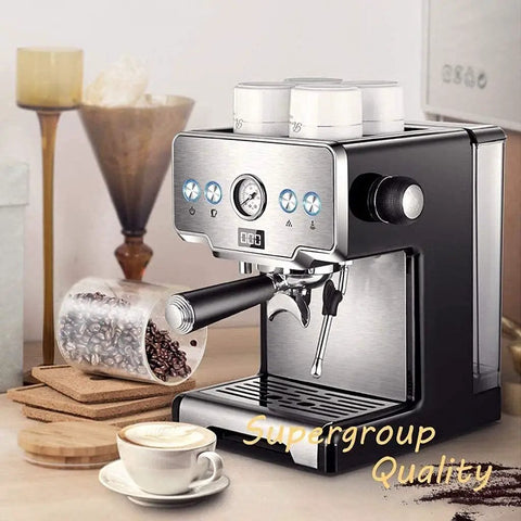 Make Every Shot Hit Different With This Professional 15 Bar Semi Automatic Espresso Machine Including A Sleek Milk Frother And Helpful Cup Warmer For Top Tier Home Brewing. Espresso machine with milk frother and coffee beans.