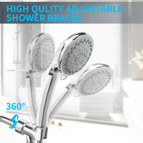 High Pressure Handheld Shower Head With 5 Settings, Boss Level Water Flow, 59 Inch Stainless Steel Hose shown in adjustable bracket