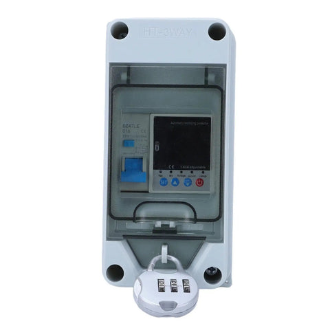 Slick Outdoor Smart Wifi Circuit Breaker With Dead Simple Smartphone App Remote Control And Real Time Monitoring For No Sweat Home Or Industrial Power Management 63A Adjustable Electrical Switch front view with transparent casing.