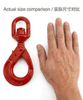 Grade 80 Forged Swivel Self Locking Hook For Three Eighths Inch Chain, 7100 Lb Working Load Limit, Heavy Duty Hoisting Rigging Connector For Lifting And Hoists next to hand for size comparison