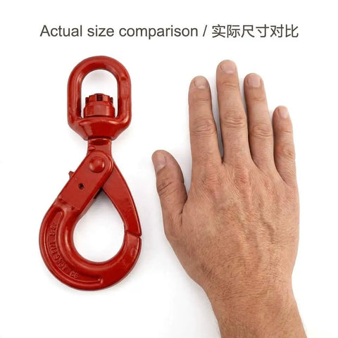 Grade 80 Forged Swivel Self Locking Hook For Three Eighths Inch Chain, 7100 Lb Working Load Limit, Heavy Duty Hoisting Rigging Connector For Lifting And Hoists next to hand for size comparison