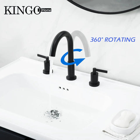 360-degree rotating Matte Black Widespread 3-Hole Bathroom Faucet With Dual Handles, Modern Vanity Sink Tap for easy DIY install