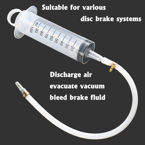 All In One Brake Bleed Kit For Hydraulic Disc Clutches And Car Brakes With 100ml Syringe and hose on dark background.