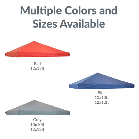 Red, blue, and gray canopy tops for 10x10 and 12x12 frames, highlighting variety for 10x10 Canopy Replacement Top For Pop Up Shelter Heavy Duty PU Coated 150D Oxford Fabric In Gray Replacement Shade Roof For 120 By 120 Inch Frame Built Tough Outdoor Event Canopy Cover.