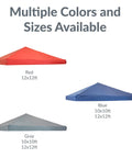 Three canopy tops in red, blue, and gray with sizes 12x12 ft and 10x10 ft displayed. 12x12 Canopy Replacement Top For Pop Up Shade Heavy Duty PU Coated 150D Oxford Fabric Gray Cover Only Built Tough And Weather Resistant Replacement Canopy Panel For Easy Outdoor Shelter.