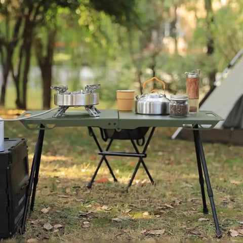 Hella Solid Folding Replacement Table Legs With Adjustable Height Support Stand For Outdoor Camping And Backyard Hangouts set up with cookware.