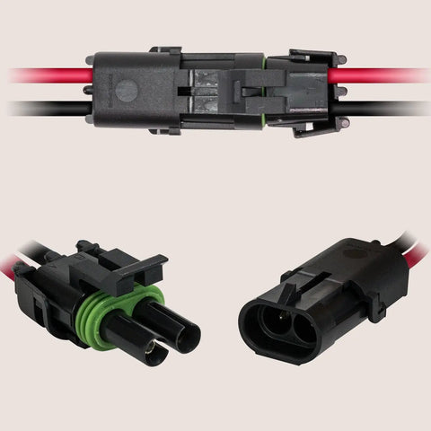 Grab This Awesome 5 Piece Ols Two Wire Weather Pack Connector Kit With Assorted Six Inch 16 Awg Waterproof Wires Perfect For Auto Marine Racing Or Industrial Jobs That Need Heavy Duty Sealed Connections. Black 2-wire waterproof connector with 16 AWG wires