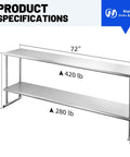 Double Overshelf Stainless Steel Shelf 12x72 Inch Two Tier Heavy Duty Storage Rack With Adjustable Upper And Lower Shelves For Kitchen Garage Workshop Bar Restaurant Laundry School, 72 in top view