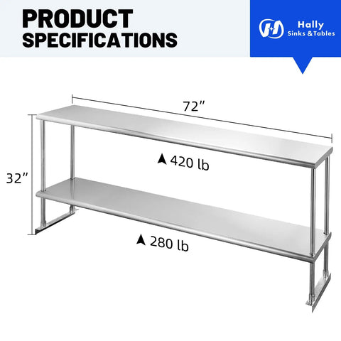 Double Overshelf Stainless Steel Shelf 12x72 Inch Two Tier Heavy Duty Storage Rack With Adjustable Upper And Lower Shelves For Kitchen Garage Workshop Bar Restaurant Laundry School, 72 in top view