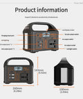 Kickass Portable Solar Power Station showing power ports and LED light features, 160mm x 143mm x 100mm, rugged ABS design.