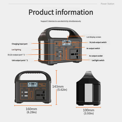 Kickass Portable Solar Power Station showing power ports and LED light features, 160mm x 143mm x 100mm, rugged ABS design.