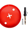 Front view of red 5.5-inch bi-metal hole saw kit with arbor and hex key